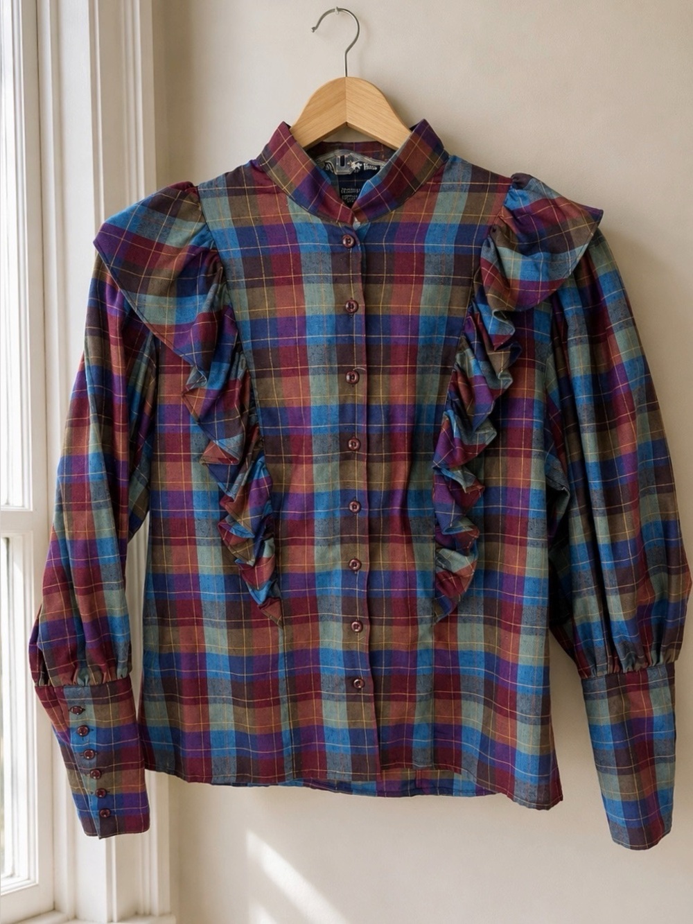 Vintage 90s Plaid Ruffle Blouse Top Size Small Prairie Cottagecore Puff Sleeves